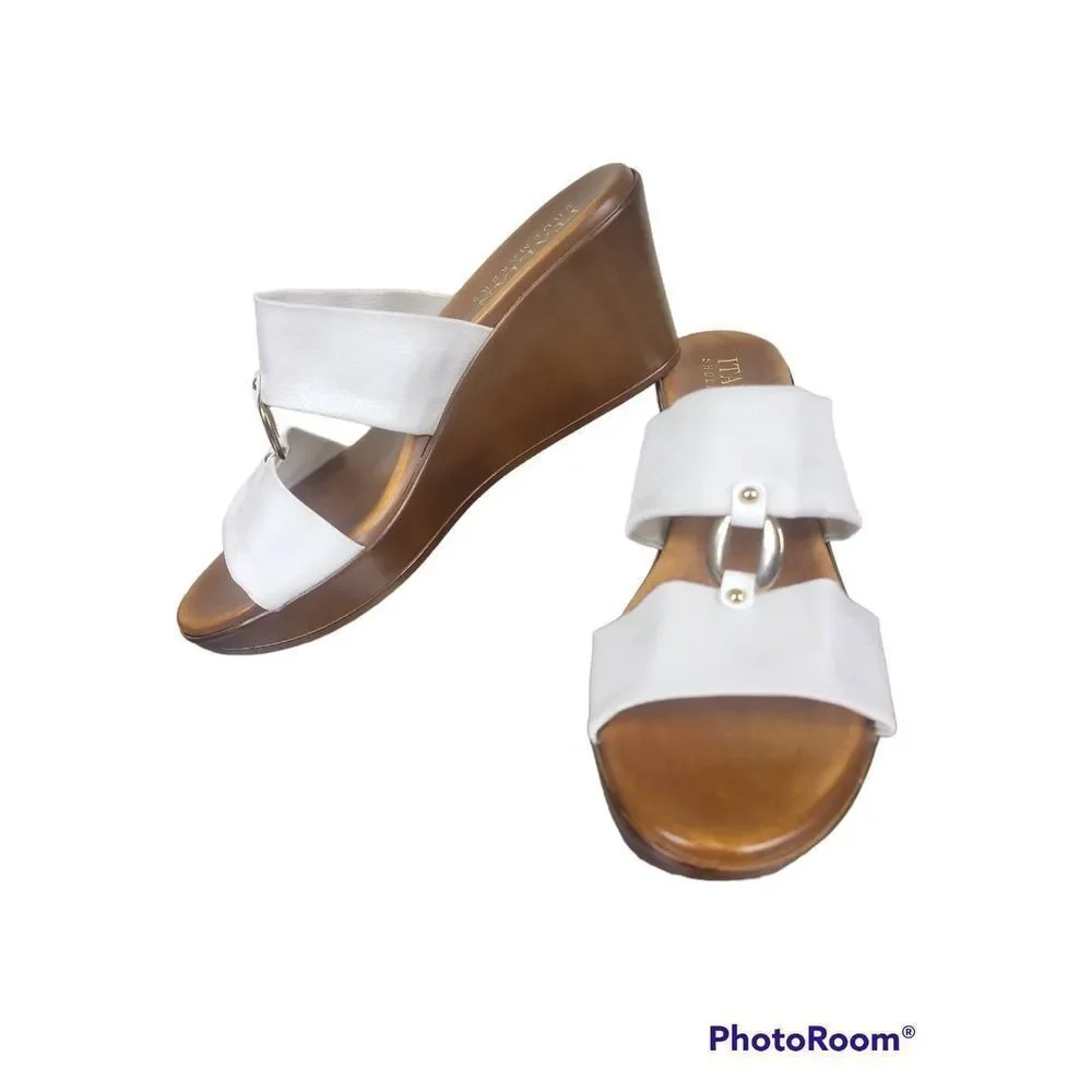 Italian Shoemakers White Double-strap Wedge Sandals with Silver Accents